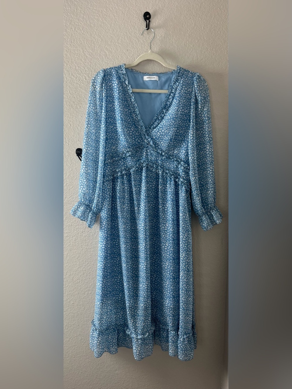 MOPOOGOSS Light Blue Floral Ruffle Long Sleeve Midi Dress L Cottage Core TC0489